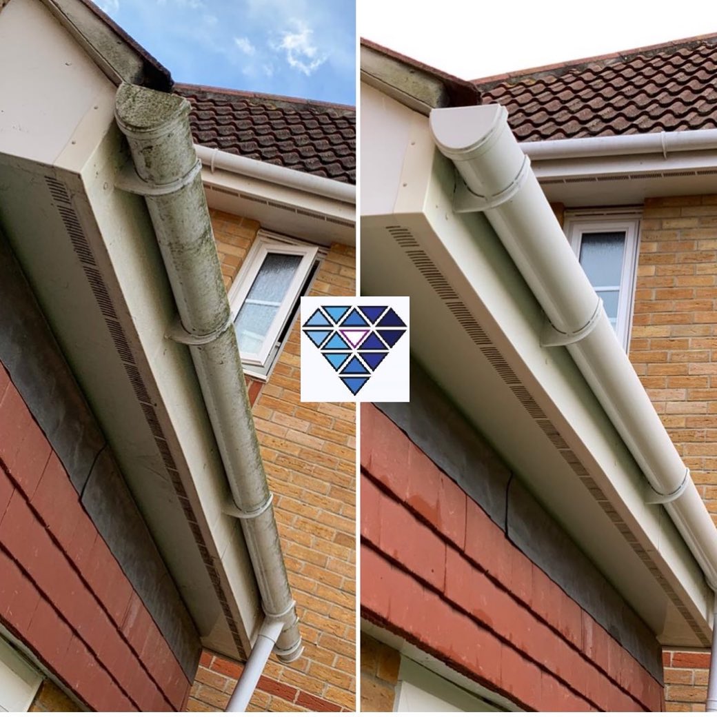 White guttering and fascia streaked green before cleaning, and bright white after