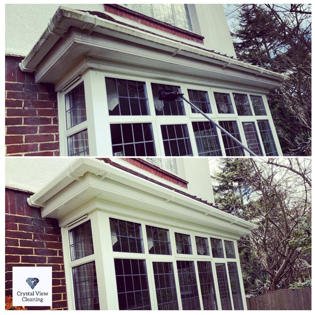 Bay window and roofline being cleaned with a pole, shown before and after